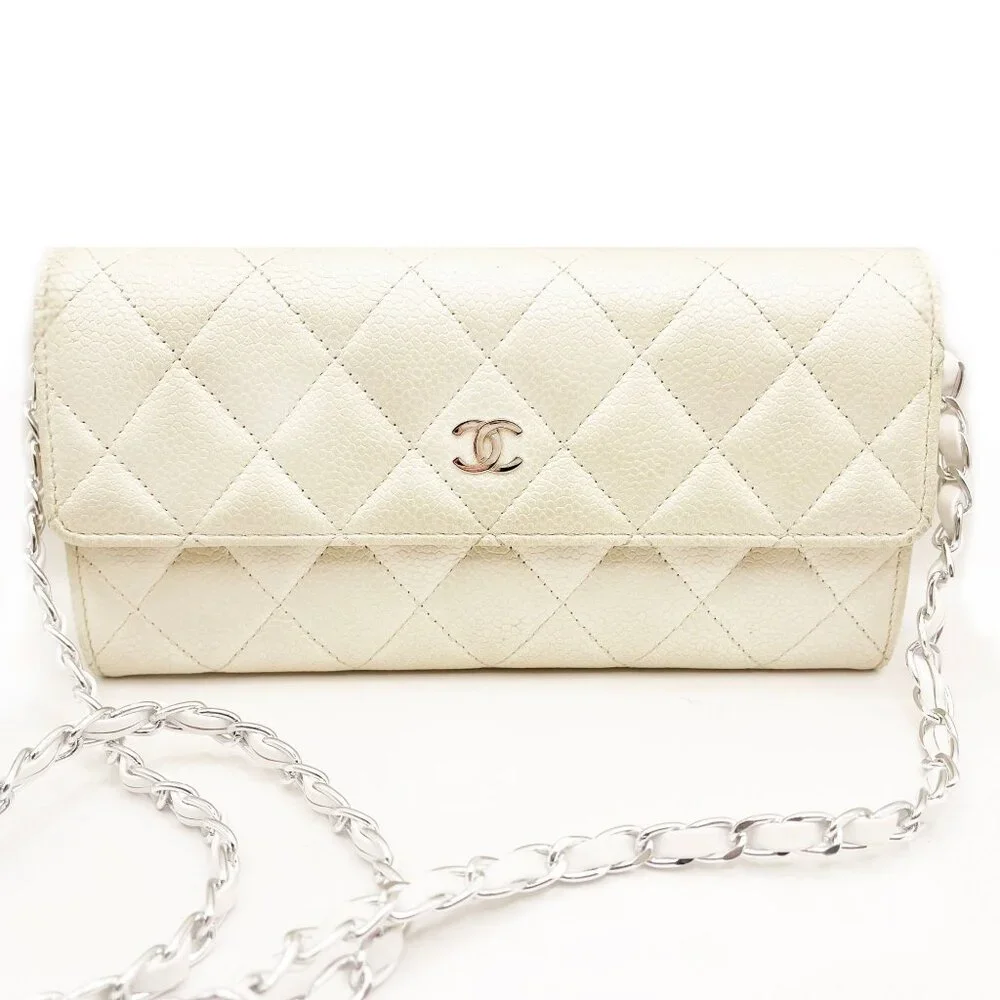 Authentic CHANEL CC Classic Timeless Caviar Flap Wallet on Chain Purse White Bag - Picture 2 of 15